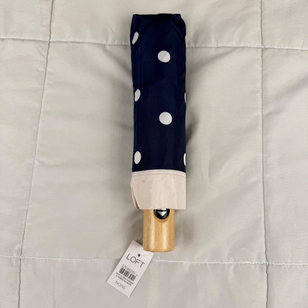 LOFT Umbrella One Size Navy Polka Dot Wood Handle Compact NEW